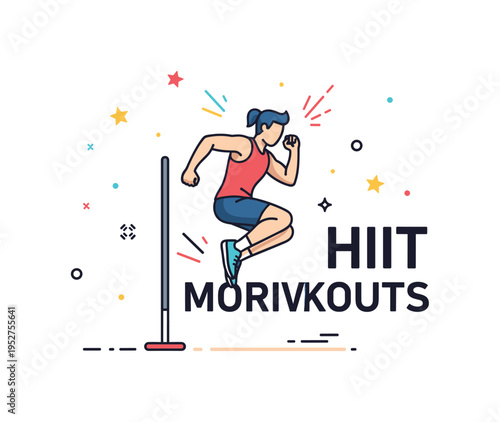 HIIT workout motivation showing a person mid-jump during an intense session, small action lines and sparks emphasizing dynamic energy and personal challenge.
