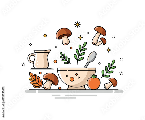 Autumn seasonal cooking featuring mushrooms, a small cream jug, and herb sprigs arranged around a central soup bowl, expressing cozy fall evenings and earthy
