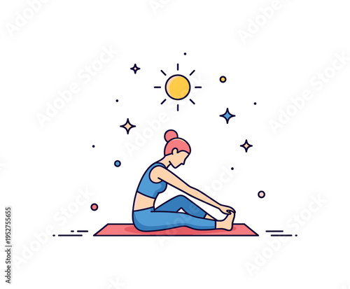 Morning mat Pilates routine centered on a figure performing a seated spine stretch with soft sunlight icon above, expressing flexibility, focus, and energizing