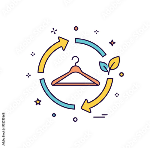 Circular fashion economy shown by a clothing hanger encircled with two curved arrows, accompanied by a tiny leaf symbol to reinforce sustainability and reuse.