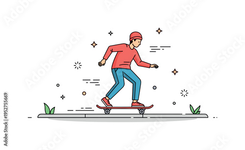 Skateboarder cruising on a sidewalk with small abstract motion lines and dots, evoking freedom, energy, and urban street life. Minimalist flat vector