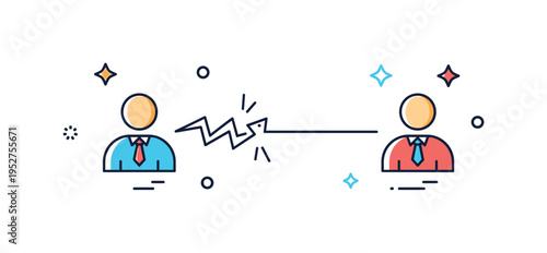 Resolving disagreement broken zigzag line between two figures gradually smoothing into a straight line, conveying de escalation and constructive dialogue. A
