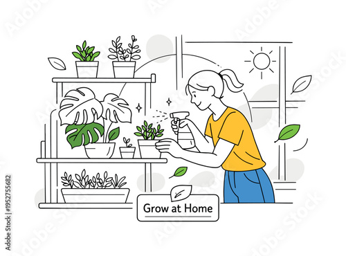 Indoor urban gardening. A person caring for houseplants on shelves near a large window, monstera and herbs growing in minimalist pots. Soft sunlight, floating