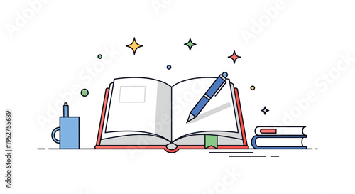 Open book with a pen placed across the pages on a tidy desk, subtle abstract icons of stars and dots emphasizing note-taking, focus, and study. Minimalist flat