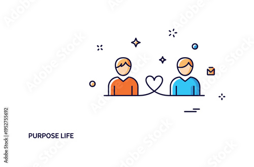 Purpose of life connection and relationships concept featuring two small figures linked by a subtle heart line, expressing belonging, compassion and shared