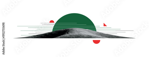 Black and white vintage landscape of a smooth rolling hill centered in composition, large deep green semicircle intersecting the horizon line, thin horizontal