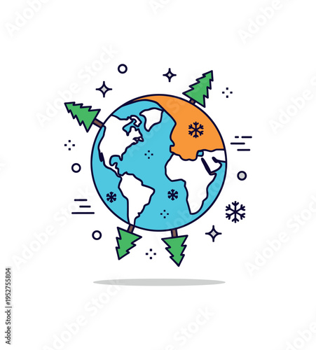 Northern hemisphere represented by a curved globe segment with small pine trees and snowflake accents, symbolizing seasonal climate and geographic identity. A