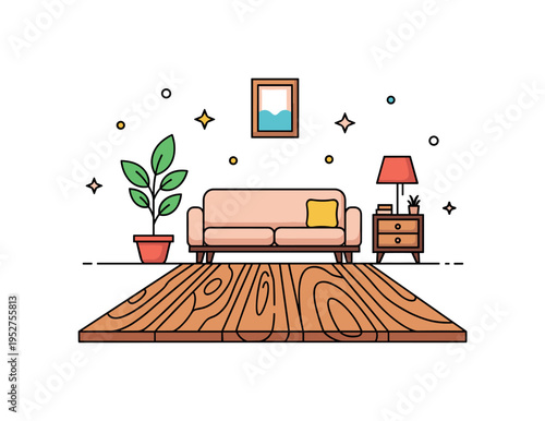 Home with wooden floors cozy living room scene featuring warm timber planks beneath a simple sofa and indoor plant, expressing natural comfort and timeless