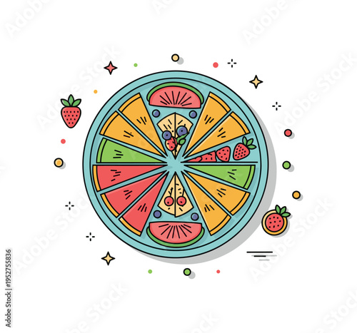 Fruit platter party catering badge featuring a circular tray with symmetrical fruit segments radiating from the center like petals. The scene conveys festive