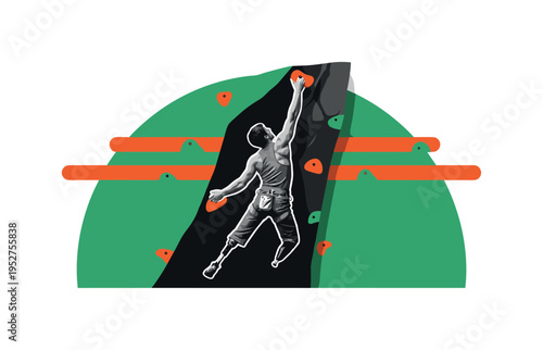 Black and white adaptive rock climber with prosthetic limb reaching upward, oversized green semicircle behind climber as abstract cliff, bold orange linear