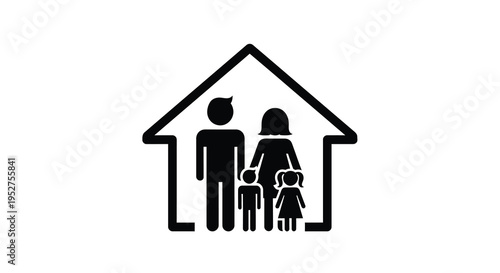 Family inside a house depicted as a simple black silhouette