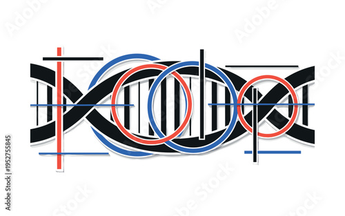 Black and white DNA helix simplified into abstract geometric curves and rectangles, intersected by circular halos symbolizing innovation, thin linear accents
