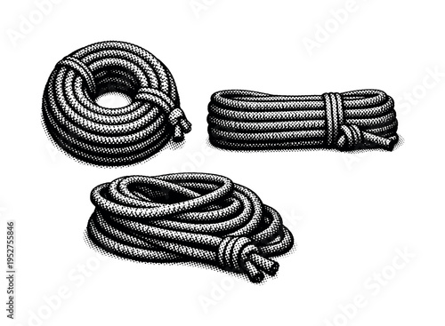 Rescue rope coil A thick braided rescue rope neatly coiled with visible fiber texture and tied end, displayed in top view, side profile view, and slightly