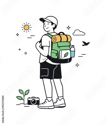 Traveler with eco backpack. A relaxed traveler wearing a sustainable backpack, standing confidently and lightly equipped. The mood conveys freedom, ethics, and