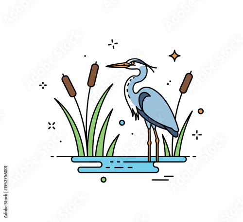 Wetland heron scene showing a single bird poised beside minimal reed shapes, symbolizing harmony with marshland ecosystems. The balanced badge style design