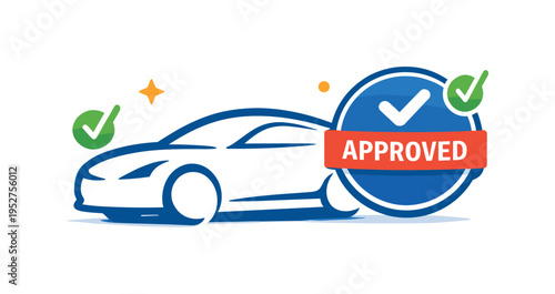 Engineering approval stage visualized as a refined car contour paired with a stamp icon and subtle checkmarks. A confident visual badge of readiness,