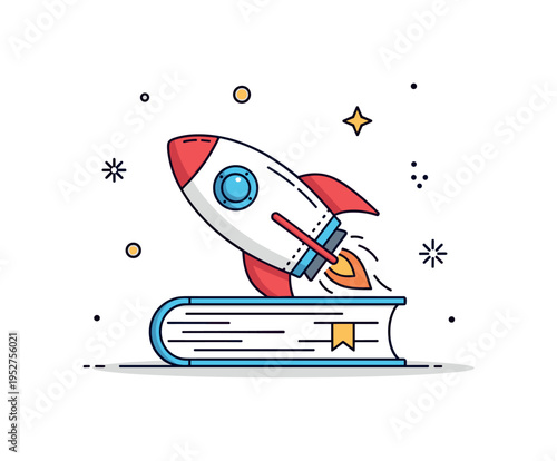 Knowledge boost icon scene illustrated by a rocket resting on a book cover with subtle spark and star details, expressing academic energy and curiosity. The