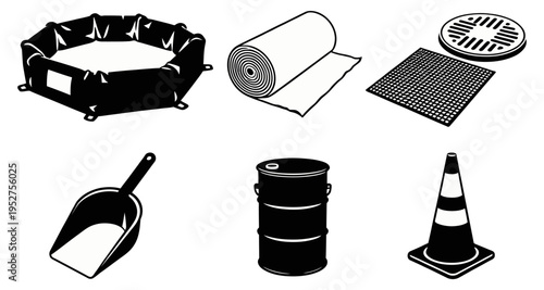 Spill containment kit elements safety equipment industrial supplies hazardous material handling stock vector illustration