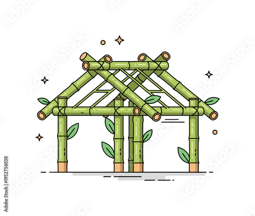 Bamboo construction modern eco house frame built from thick bamboo poles with visible joints and green leaves accenting the structure, expressing renewable