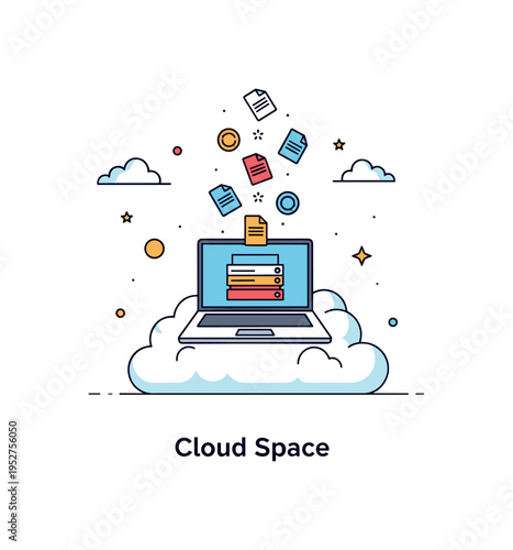 Floating in the sky digital cloud storage metaphor illustrated by a laptop resting on a cloud with small file icons drifting upward, expressing online data and