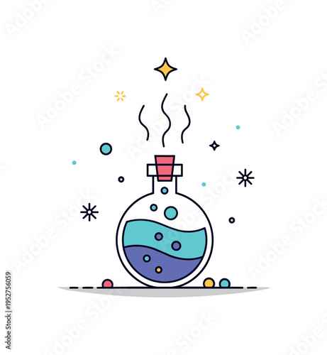 Mystic potion brewing scene centered on a round bottle with layered liquid tones and rising spark shapes, symbolizing experimentation and hidden formulas. The