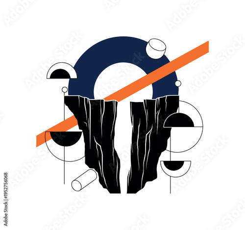 Black and white abstract canyon silhouette split by a vertical gap of negative space, oversized navy circle framing upper half like open sky above cliffs, thin