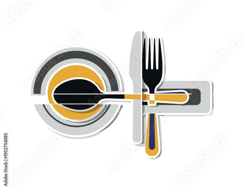 A monochrome composition of spoon and fork fragmented into layered geometric pieces, circular and rectangular elements slightly offset to create depth, flat