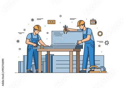 Fabricators inspecting steel sheets with measuring tools on a workbench, illustrating quality control, technical expertise, and careful preparation before