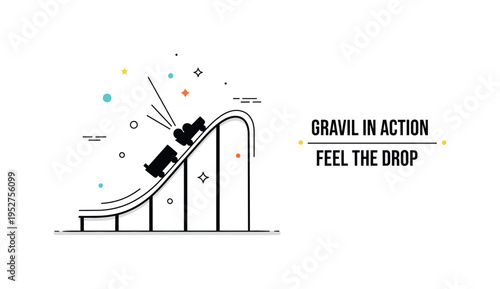 Gravity in action roller coaster descent scene with a minimal cart silhouette moving down a steep curved track, expressing acceleration and thrilling motion