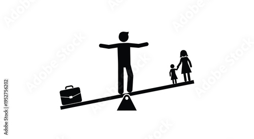 Work life balance depicted with figures on a seesaw silhouette