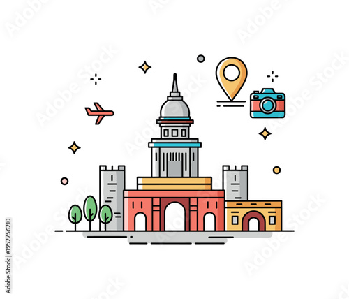 World heritage tourism concept built around a stylized landmark outline paired with a small location pin and camera icon to express travel, exploration, and