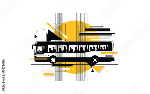 A monochrome bus filled with silhouetted passengers, combined with large yellow circular backdrop and thin vertical lines indicating movement and transition,