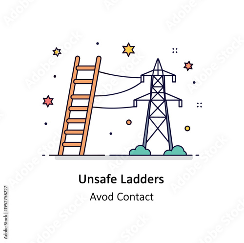 Unsafe ladders electrical safety concern shown as a ladder positioned near a simple power line icon, conveying the importance of distance and safe practices.