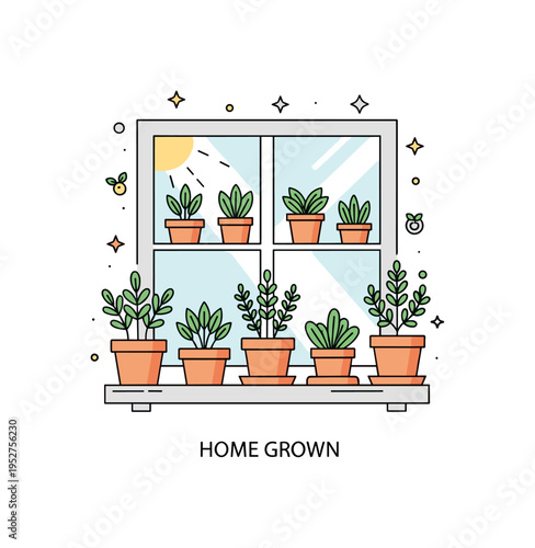 Growing herbs on a windowsill illustrated through small potted plants lined up against a simple window frame with soft sunlight rays entering the scene. A