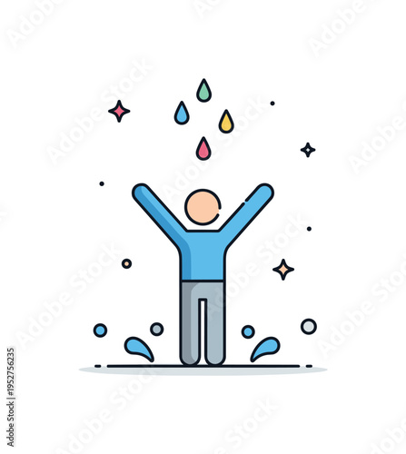 Freedom in the rain expressive figure raising arms toward falling droplets while small splash circles gather at the base, communicating optimism and