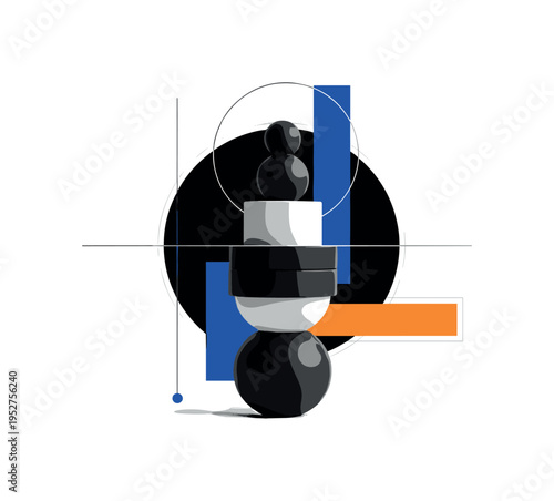 Black and white sculptural ceramic form built from stacked geometric cylinders, bold circular halo and thin linear guides accentuating vertical rhythm, flat