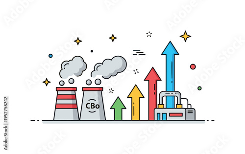 Industrial carbon emissions growth with chimneys releasing smoke that gradually turns into upward arrows, emphasizing escalation and climate