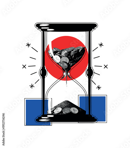 Black and white hourglass filled with tiny coin shapes instead of sand, bright red circular accent behind the top chamber, blue rectangular geometric blocks