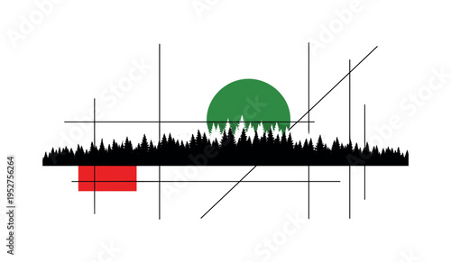 Black and white retro forest silhouette forming a horizontal band across the lower third, oversized green circle rising behind as symbolic moon or sun, thin