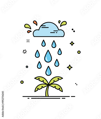 Tropical rain shower depicted with larger drops falling over a simple palm silhouette, expressing warm climate and vibrant nature. Small splash accents and