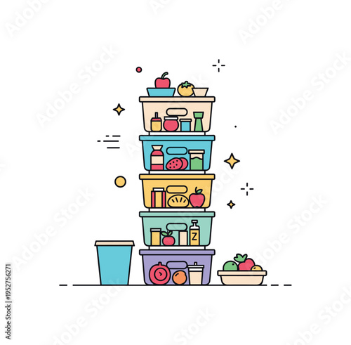 Vertical pantry organization centered on a tall stack of modular baskets with small food icons inside, showing efficient use of limited kitchen space. The