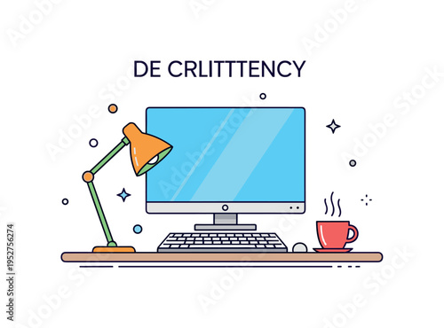 Decluttered desk concept streamlined workspace featuring a single monitor, keyboard and subtle coffee cup accent, symbolizing efficiency and mental clarity.