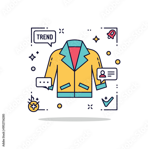 Trend driven fashion content badge featuring a stylized jacket framed by subtle notification and sparkle icons to symbolize viral style moments and audience