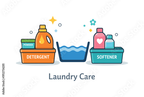 Laundry room organization dedicated storage box for detergents and softeners arranged around a washing symbol creating a clear visual cue for product