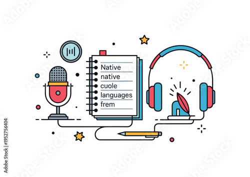 Field research recording equipment small microphone and headphones placed beside a notebook with native words, expressing careful study and respect for