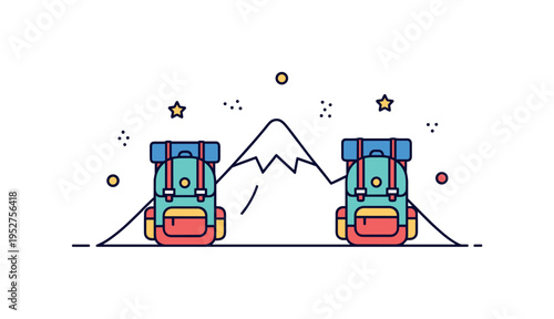 Group hiking adventure concept shown as two small backpacks placed along a gentle mountain outline, conveying teamwork and outdoor bonding. The clean editorial