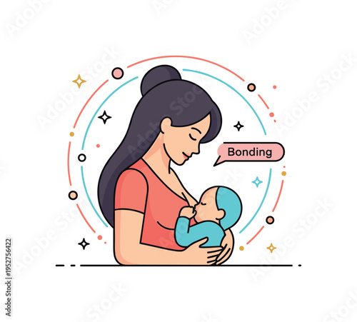 Breastfeeding awareness simplified mother and baby silhouette with gentle circular aura and small label Bonding, expressing natural nourishment and emotional