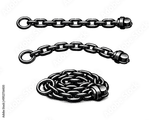Fire hydrant cap chain A realistic fire hydrant cap chain with metal links and connector ring, presented in three views such as straight, curved, and coiled