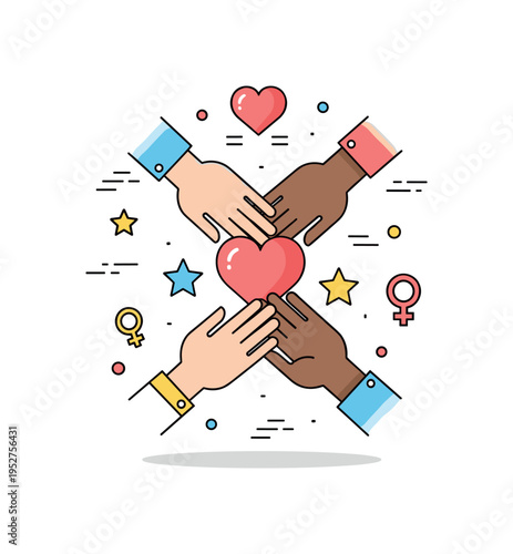 Hands of diverse genders joining over symbolic hearts and stars, representing solidarity, empowerment, and equal rights across communities. Minimalist flat