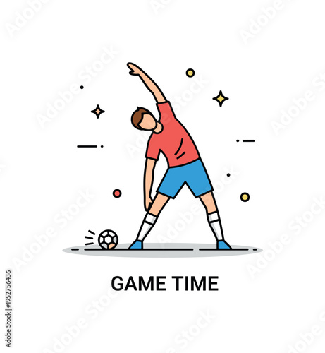 Team sport warm up stretch featuring a player bending sideways with one arm raised high. A small ball icon, clean ground shadow and ?Game Time? caption create